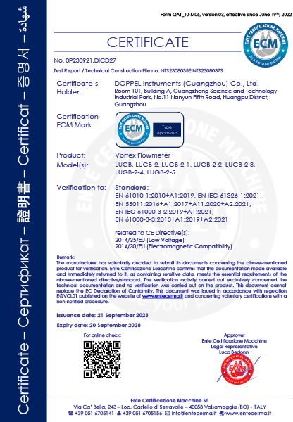 CE certificate for vortex flowmeter