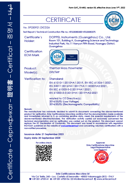 CE Certificate for Thermal Gas Mass Flowmeter